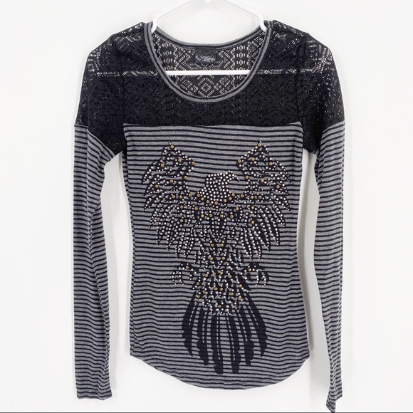 Daytrip Tops - Daytrip Long Sleeve Eagle Embellished Top Black Lace Accent Shoulders XS